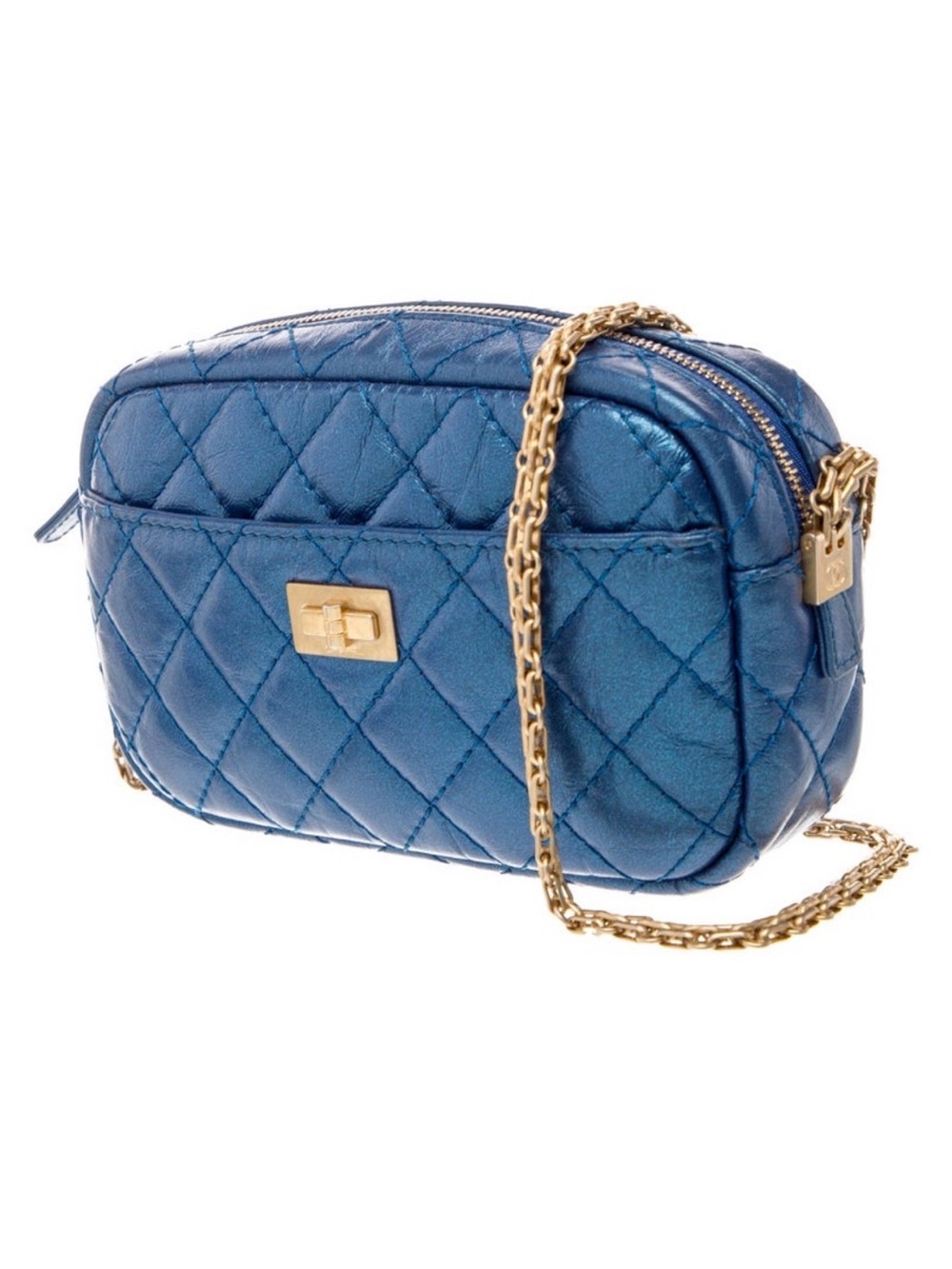 Chanel Mini 2.55 Reissue Quilted Metallic Blue Crossbody Bag with Gold Chain - Picture 3 of 16